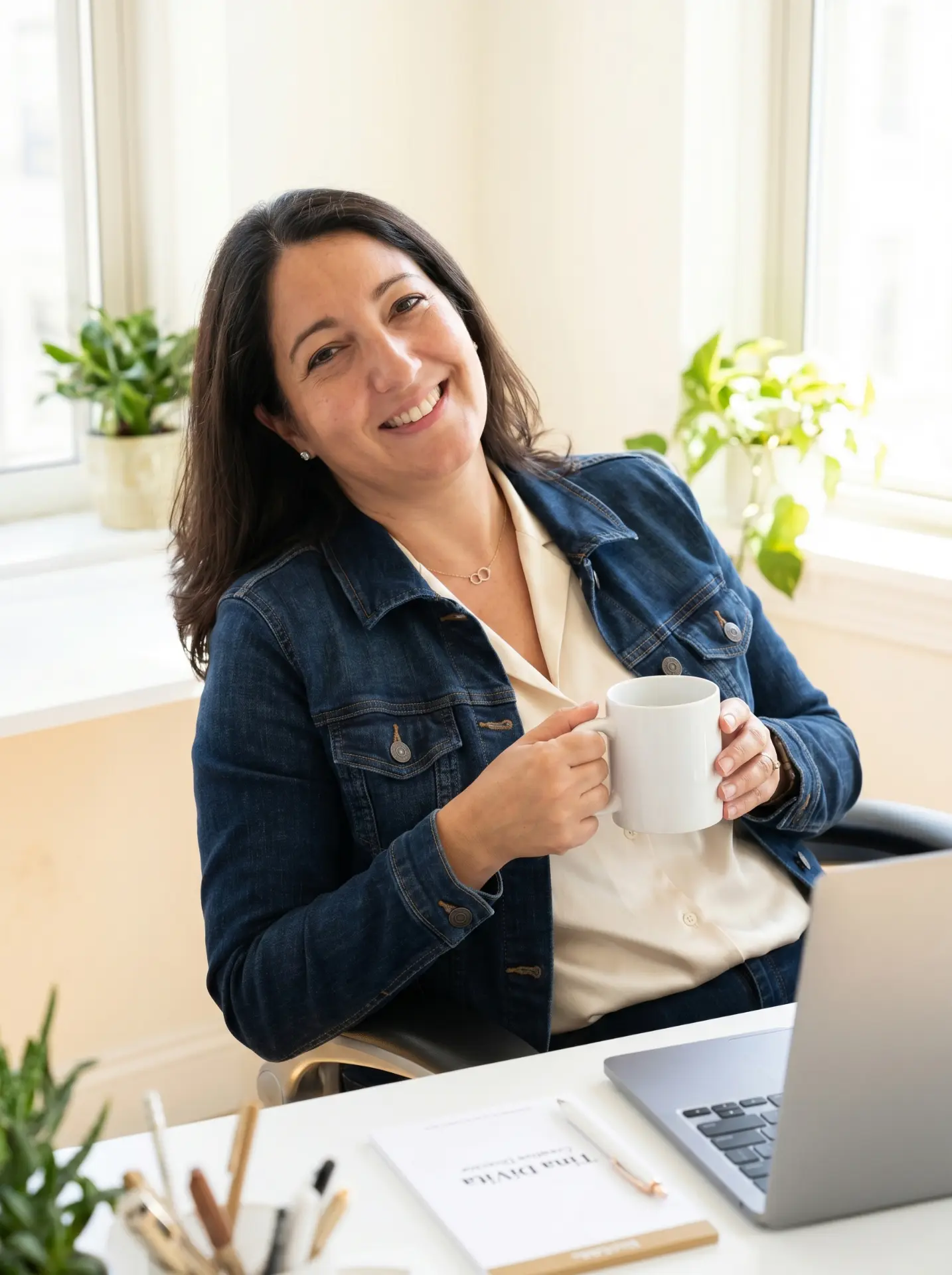 Tina DiVita smiling at her desk with a coffee mug